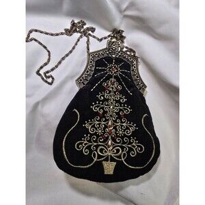 Velvet Christmas Tree Evening Bag Purse Jeweled Kiss Lock Chain Holiday